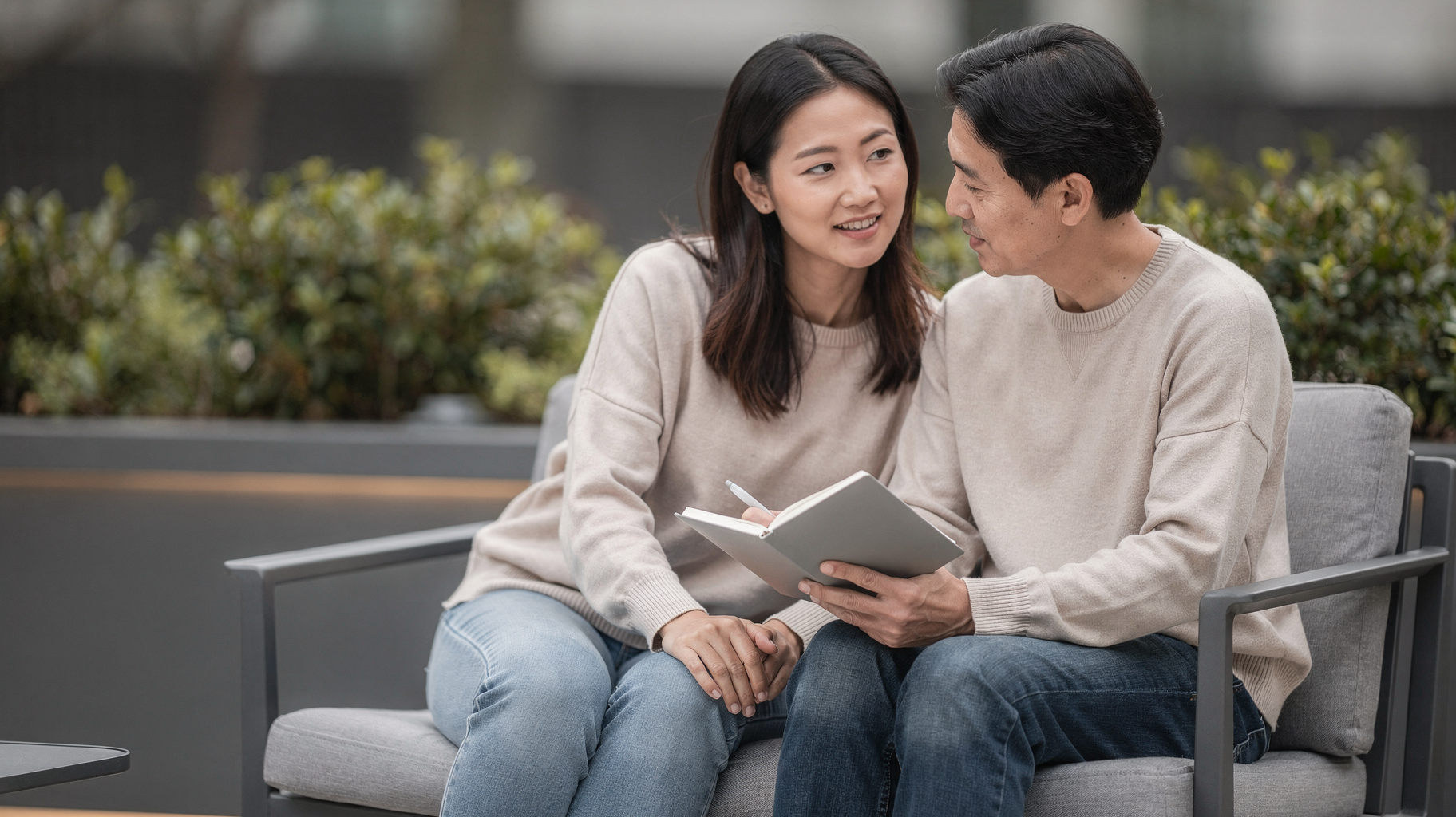 A man and a woman sit outdoors and read a notebook together.